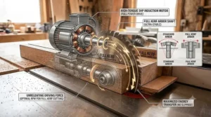 Diagram showing a high-horsepower saw motor powering a full kerf blade.