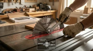 Technician properly tightening the arbor nut while installing a new thin kerf table saw blade, showing the washer sequence.