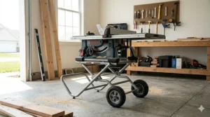 A heavy-duty blue jobsite table saw secured onto a mobile, collapsible gravity-rise wheeled stand inside a spacious workshop environment.