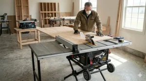 A carpenter wearing a dust mask and protective gear cutting a large sheet of plywood using a jobsite table saw with an extended rip fence capacity.