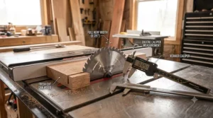 Technical measurement of a 1/8 inch full kerf cut on lumber.