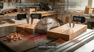A photorealistic technical chart comparing a standard kerf cut with a thin kerf table saw blade cut, visualizing reduced waste.