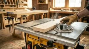 Adjusting the miter gauge for precision crosscuts on a table saw.