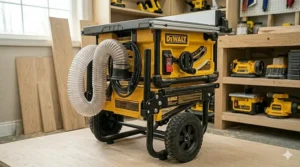 A folding portable stand used with a table saw under 500 for easy storage.