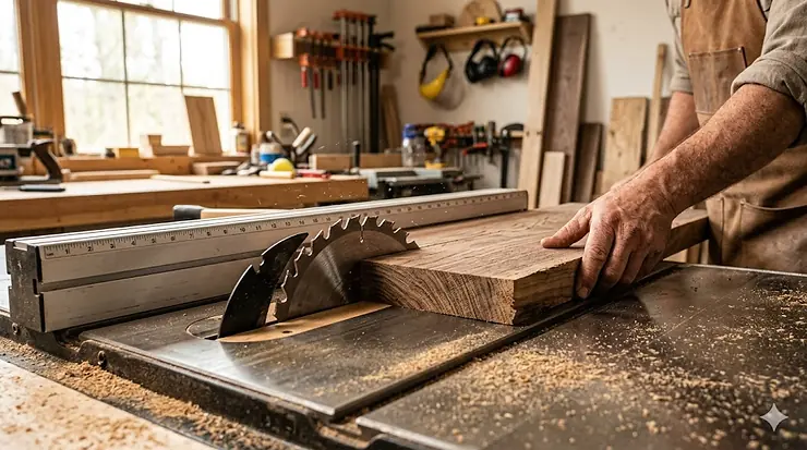 A photorealistic 4K image showing a woodworker using a specialized ripping blade on a table saw to make a rip cut on a walnut board. ripping blade for table saw