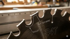 Macro diagram showing the 24-tooth count and flat top grind of a table saw ripping blade, set against the blurred workshop background.