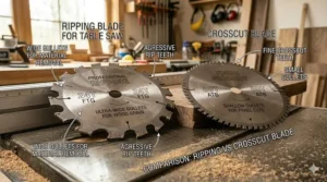 A 4K photorealistic diagram comparison showing a professional 24-tooth ripping blade with wide gullets next to a fine 80-tooth crosscut blade with shallow gullets, set on a cast-iron table saw top.