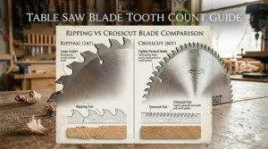 Comparison chart showing the difference between ripping and crosscut saw blades.
