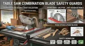 Visual representation of using safety guards with a combination blade for table saw