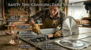 Illustration showing a technician safely changing a blade on a table saw.