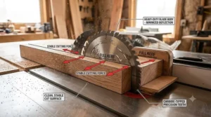 Diagram showing how full kerf blades minimize deflection during deep rips.