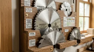 A photorealistic wall-mounted wooden storage rack organizing various saw blades, with a prominent 80-tooth crosscut blade for table saw.