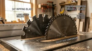 A 4K photorealistic diagram comparing the very large, deep gullets of a ripping blade for table saw against the much smaller gullets of a fine-tooth crosscut blade, highlighted with text call-outs and natural light.
