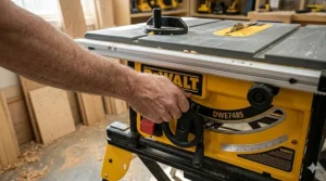 Close-up of a hand adjusting the blade height on a budget-friendly table saw under 500.