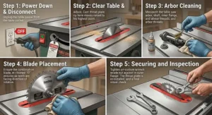 Step-by-step guide on how to safely mount a combination blade on a table saw arbor