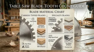 Diagram explaining which table saw blade material to use for wood versus laminate.