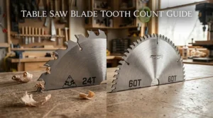 Close-up of table saw blades showing high and low tooth counts for different cuts.