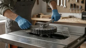 A close-up view of a technician's gloved hands using wrenches to securely install a complete stacked dado blade set onto a table saw arbor, showing proper tightening technique.
