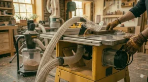 An illustrative close-up of a table saw under 2000 with its transparent blade guard and safety push block installed.