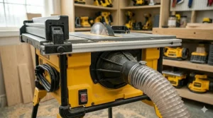 Rear view of a dust collection port on a table saw under 500 for a cleaner workspace.