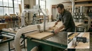 Properly aligning the rip fence of a table saw for cutting plywood square.