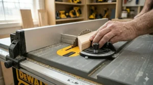 Woodworker using a miter gauge on a table saw under 500 for accurate cross-cutting.