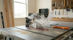 A close-up view of a table saw safety assembly highlighting a clear plastic modular blade guard, integrated riving knife, and wood sawdust scattered on the throat plate.