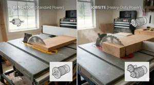 A split-screen comparison showing a benchtop model cutting standard wood stock versus a jobsite model handling thick lumber, featuring technical line drawings of motor components.