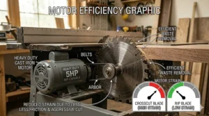 A 4K photorealistic graphic with cutaway views and callouts showing how the large gullets of a ripping blade for table saw reduce motor strain by efficiently clearing wood chips.
