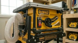 Close-up of the safety power switch on a benchtop table saw under 500.