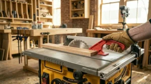 Demonstrating safe push stick usage for cutting wood on a table saw.