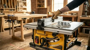 Proper alignment of the rip fence for accurate cuts on a wood table saw.