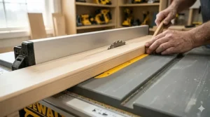 Using the rip fence guide for a precise cut on a portable table saw under 500.