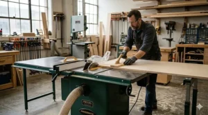 Using a push stick with a table saw for cutting plywood safely.