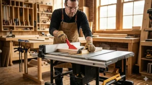 Essential safety features including a riving knife on a budget table saw.