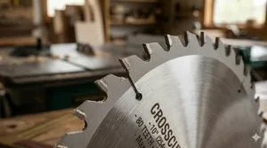 Close-up of alternate top bevel teeth on a crosscut blade for table saw.