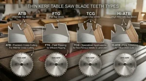 Illustration highlighting different tooth geometries, including ATB, FTG, TCG, and Hi-ATB, available for various thin kerf table saw blade applications.