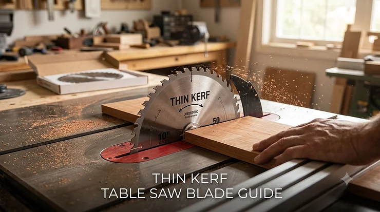 A photorealistic, high-detail 4K image of a thin kerf table saw blade actively cutting hardwood in a sunlit woodworking shop.