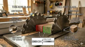 A 4K photorealistic comparison chart illustrating the width difference between thin-kerf and full-kerf ripping blades on a table saw, with annotations detailing material removal, power requirements, and best-use scenarios.
