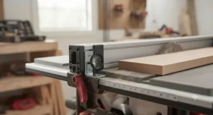 A close-up view of a t-square fence for jobsite table saws locked securely for a precise rip cut.