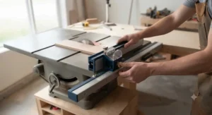A craftsman fine-tuning the micro-adjustment knob on an aftermarket fence for a contractor table saw.