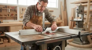 Woodworker troubleshooting and adjusting the alignment of a stock factory fence using a combination square.