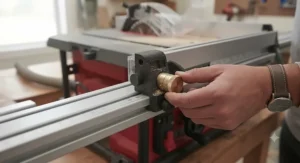 Fingers fine-tuning the micro-adjustment dial on a universal aftermarket fence system for benchtop saws for cabinet-grade accuracy.