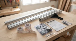 Flat lay of an aftermarket fence system kit including guide rails, scale tape, and mounting hardware.