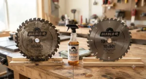 A side-by-side comparison showing a dirty saw blade versus a clean blade after using a table saw blade cleaner.
