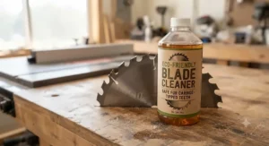 A container of eco-friendly table saw blade cleaner effective on carbide-tipped saw teeth.