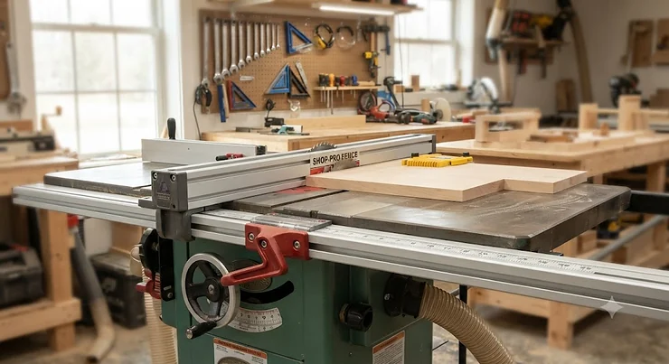 A high-precision aftermarket table saw fence system mounted on a contractor saw for under 250 dollars. table saw fence system under $250