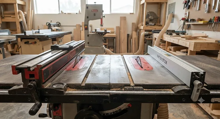 Side-by-side comparison of a heavy-duty Biesemeyer style table saw fence and a standard factory stock fence. biesemeyer style fence vs factory fence