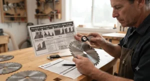 A craftsman selecting the correct tooth profile for their table saw blade sharpening service order.