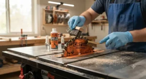 Removing resin buildup from a CMT table saw blade to maintain optimal cutting performance.
